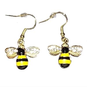 Honey Bubble Bee Bling Rhinestone Wings Gold Plated Dangle Drop Earrings